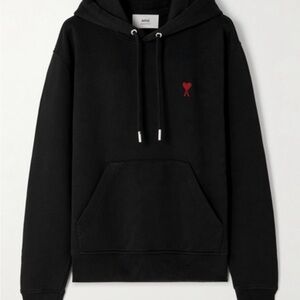 Ami Black Cotton Hoodie with Red Heart Emblem